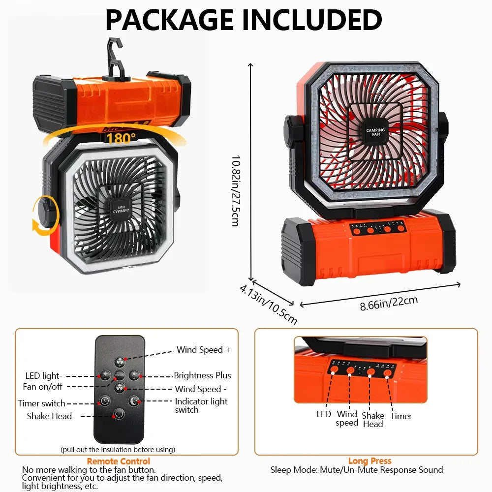Oscillating camping fan turning left and right