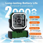 Camping fan hanging from a tent loop by its 360 degree hook