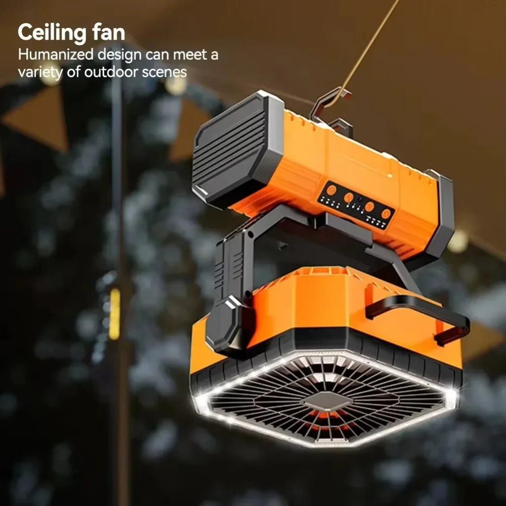 Camping fan timer and mode buttons on the fan body