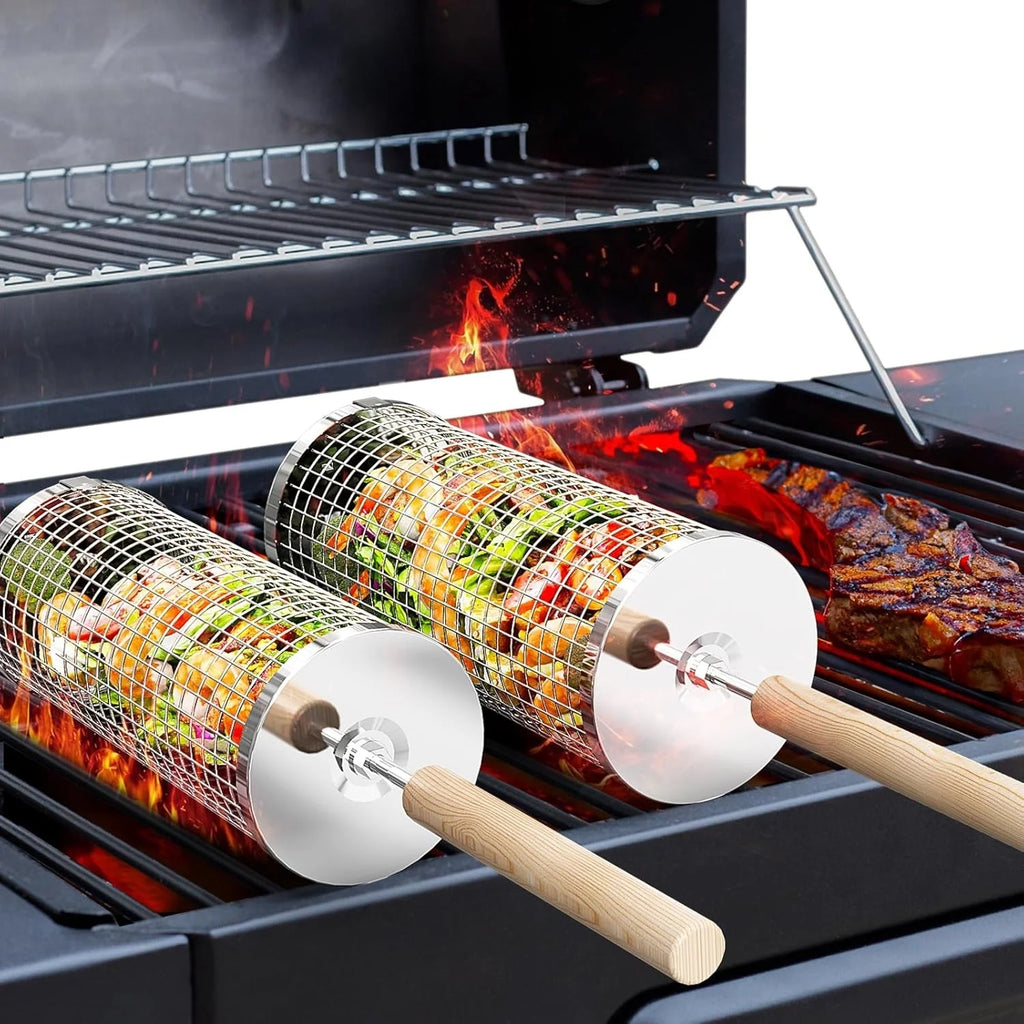 Rolling BBQ Cage with Wooden Handle