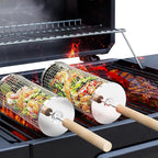 Rolling BBQ Cage with Wooden Handle
