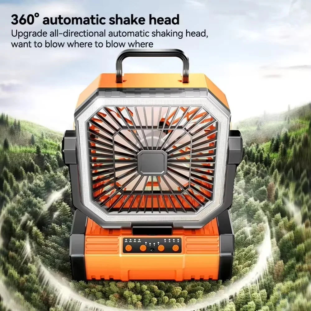 Battery powered camping fan sitting flat on a camp table
