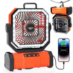 20,000mAh portable camping fan shown with size and dimensions