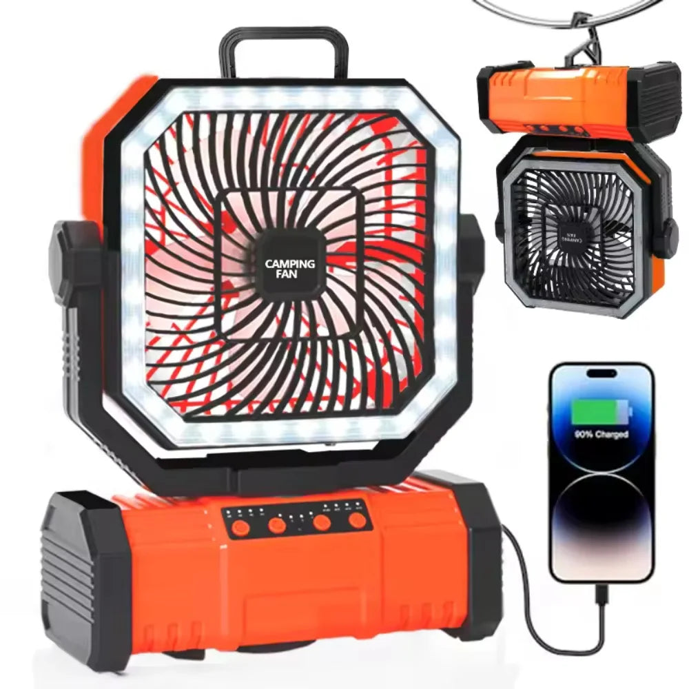 20,000mAh portable camping fan shown with size and dimensions