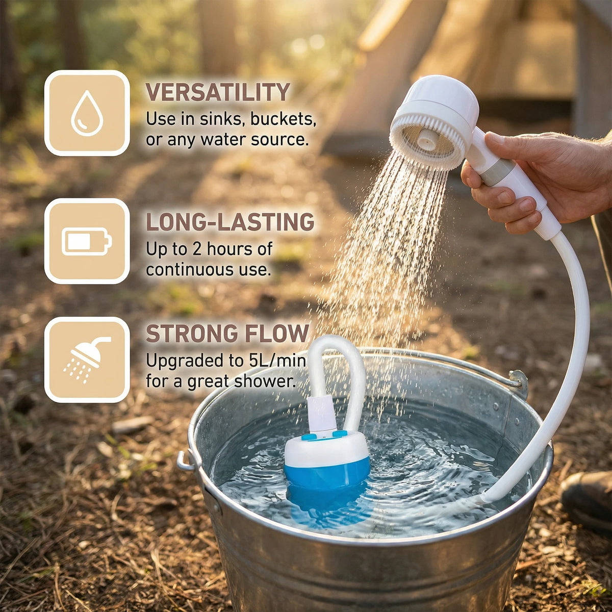 Portable Camping Shower Rechargeable – Luna Outdoors USB Shower Pump, 2 Flow Speeds