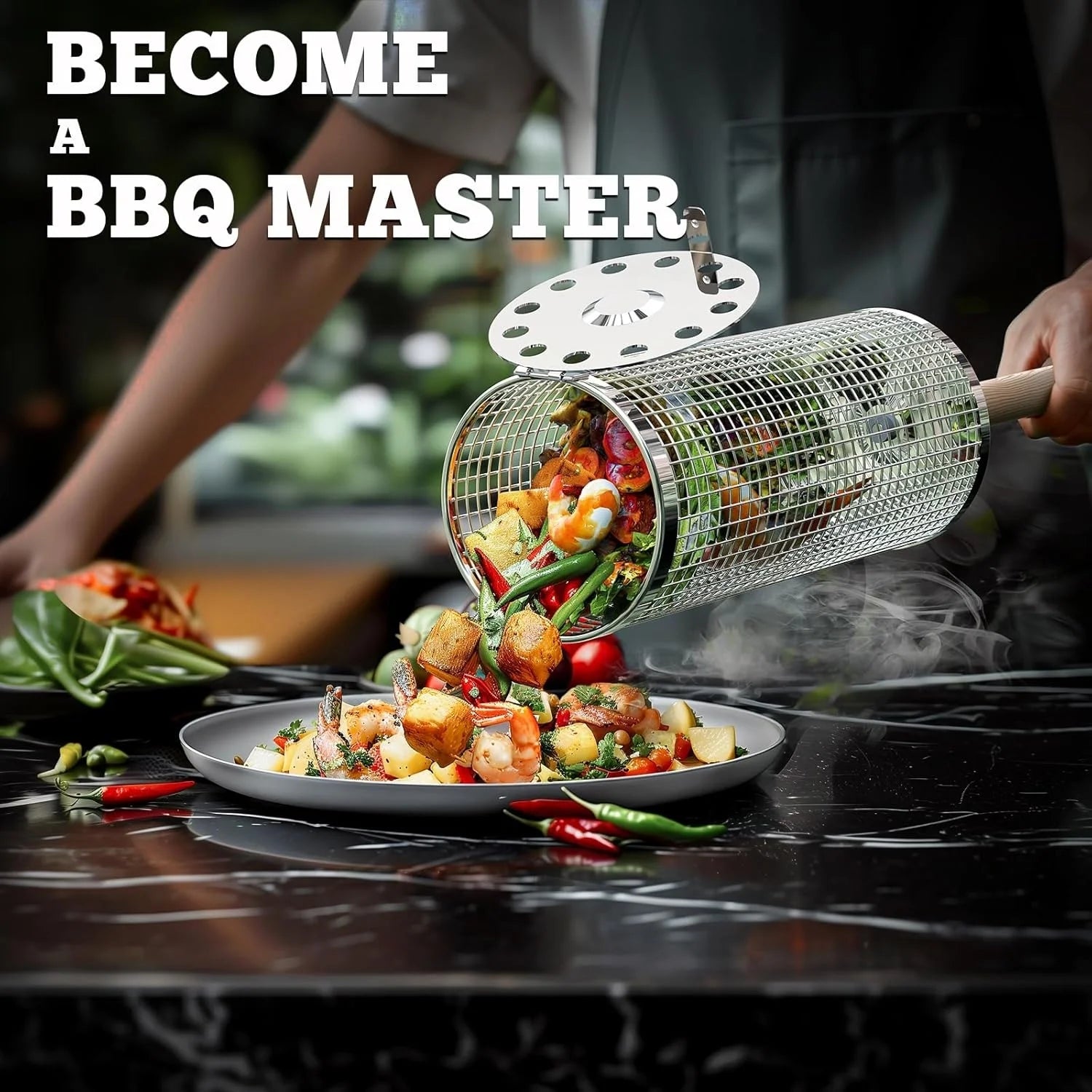 Rolling BBQ Cage with Wooden Handle Secondary image