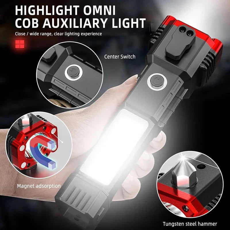 Super Bright Flashlight with Safety Hammer and Strong Magnets